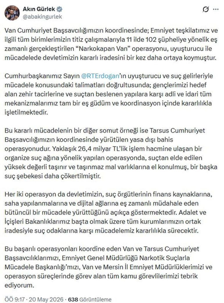 Adalet Bakanı Gürlek: Suç Örgütleriyle Mücadeleye Kesinlikle Devam Edeceğiz